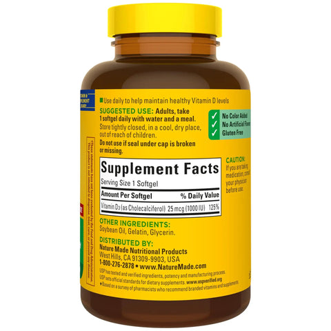 Vitamin D3 1000 IU Softgels Game Changer For Bone Density And Immune Defense For Men And Women Features A Bulk 300 Count Pack label detailing supplement facts.