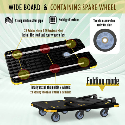 Heavy Duty Foldable Platform Cart with Six Wheels and 2000 Pound Capacity showing spare wheel and folding design