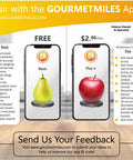Two smartphones displaying the GourmetMiles app with features of Portable Food Scale With Built In Nutritional Calculator.