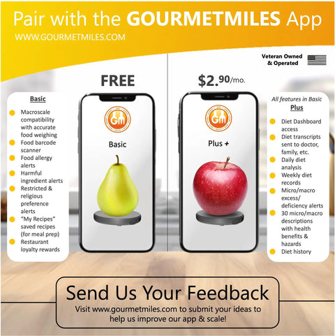 Two smartphones displaying the GourmetMiles app with features of Portable Food Scale With Built In Nutritional Calculator.
