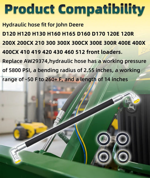 2 Pack Upgrade AW29374 Hydraulic Hose Fits Front Loaders For D120 D160 D170 H120 H130 H160 H165 120E 120R 200X 200CX 210 300 300X 300CX 300E 300R 400E 400X 400CX 410 419 420 430 512 Beefed Up High Pressure 5800 PSI Bend Radius 2.55 Inch, black hydraulic hose with metal fittings
