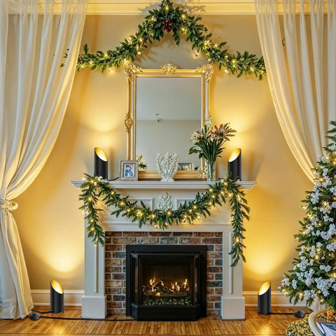Elegant room with two-pack indoor up lights 6W 3000K warm white floor can lights illuminating plants and decor by fireplace