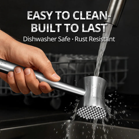 Heavy Duty Stainless Steel Meat Tenderizer Hammer With Textured Pyramid Surface being washed under tap