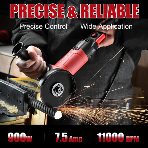 Person using Beefy 900W Angle Grinder With 4-1/2 Inch Disc, 11,000 RPM, 7.5 Amp, 6-Speed Corded Cut Off Tool for metal cutting