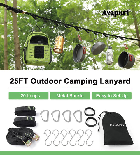 Heavy Duty Campsite Storage Strap With Carabiner Hooks And Stainless Steel S Hooks And 20 Separate Loops For Tent Gear