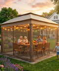 Front view of 11x11 Pop Up Gazebo with Mesh Netting for Quick Setup, beige, providing outdoor shelter with UPF 50+ UV protection.