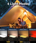 Couple using Beast Bright 1000 Lumen LED Camping Lantern With 6400mAh Rechargeable Battery inside a lit tent showcasing four light modes.