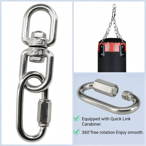 Two Pack M6 Swivel Ring Double Ended Eye Hook With Quick Link For Hanging Chairs Swings Hammocks And Fitness Ropes Gear In 304 Stainless Steel Eye To Eye Shackle Connector displayed with quick link and swivel hook images.