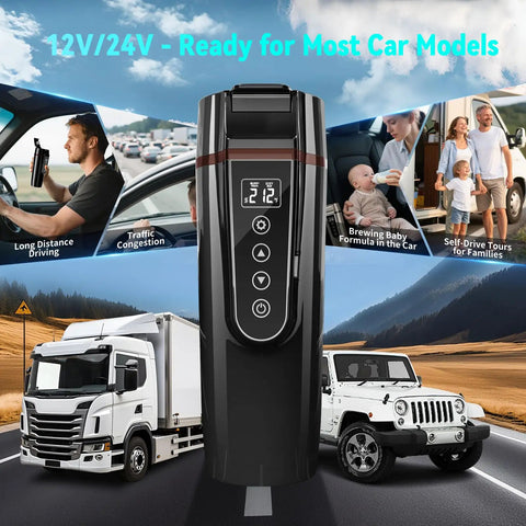 Road Trip Ready Travel Car Kettle With 12V And 24V Power showing LCD display and buttons, set in a travel and car usage context