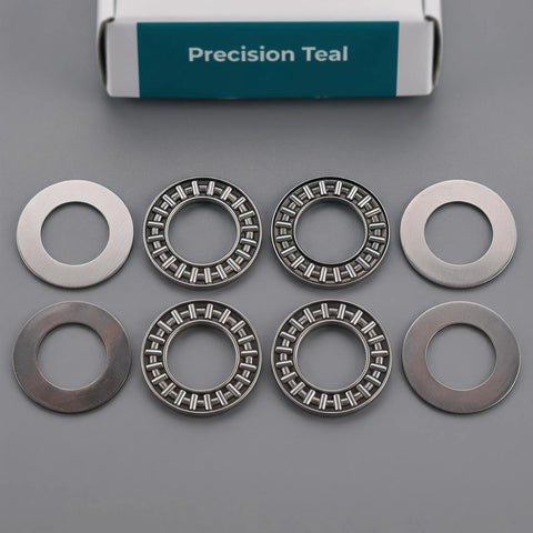 Cool New Thrust Needle Roller Bearings 4 Set Kit 20mm Bore 35mm Diameter 2mm Width Carbon Steel Heavy Duty For Lawn Tractor Steering Farm Machine Automation Replacement Parts Fixes Smooth Ride And Reliable Grip Plus Quick Install Guide, shown with washers