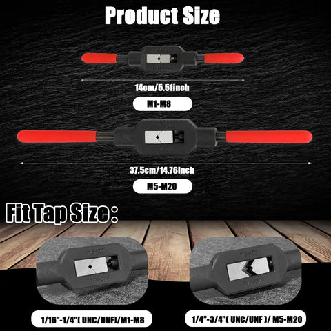 Two Pcs Adjustable Tap Wrenches With Ratcheting Handles showcasing fit sizes M1–M8 and M5–M20, durable black oxidized coating, red handles
