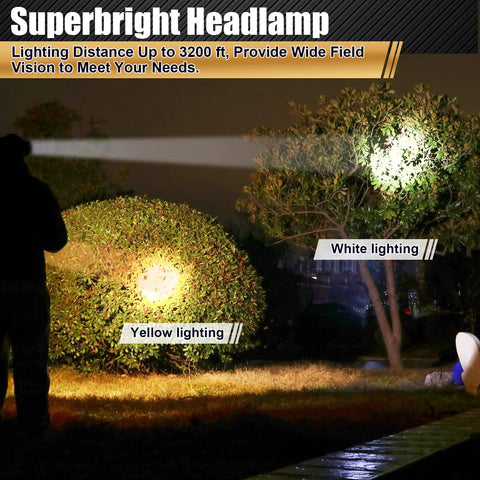 Rechargeable Headlamp With Ergonomic Separation Design, Ultra Bright Waterproof Headlight spotlighting on bushes at night