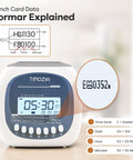 No Sweat Punch Card Time Clock For Employees And Small Business Crews Featuring Six US Time Zones Automatic Daylight Saving Sync Plug And Play Work Hour Logger showing punched card data and time display.
