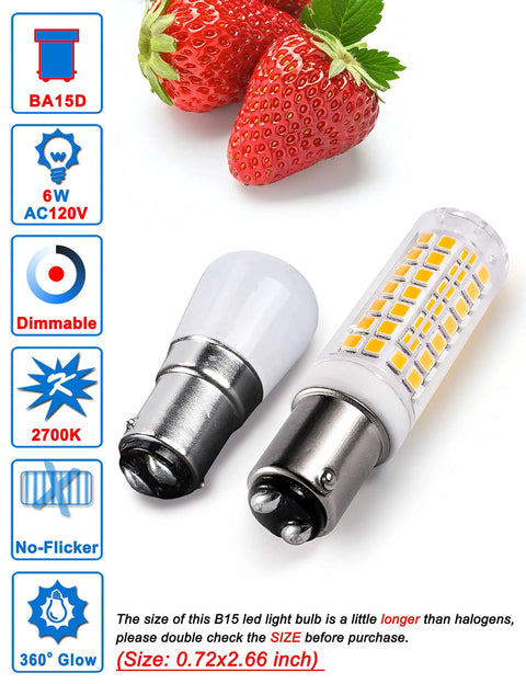 Dimmable BA15D LED Bulbs 6W 120V Soft Warm White 2700K Double Contact Bayonet Base with strawberries and size warnings