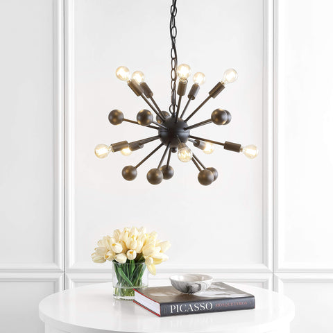 19.5-Inch Black 10-Light Iron Sputnik Chandelier, A Sleek Mid-Century Modern Industrial Ceiling Fixture With Adjustable Height For Dining Room Or Living Room, LED Bulbs Included, Easy Modern Upgrade, hanging over white table with flowers and book.