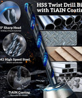 HSS twist drill bits with TiAlN coating, featuring a 135° sharp head, made from M2 high speed steel, ideal for hard materials.