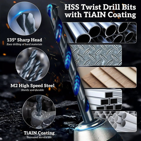 HSS twist drill bits with TiAlN coating, featuring a 135° sharp head, made from M2 high speed steel, ideal for hard materials.