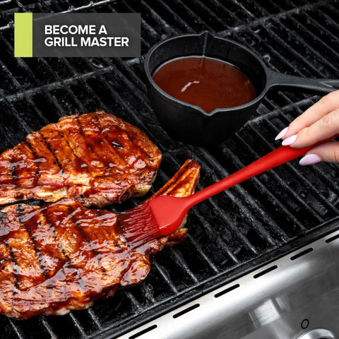 Basting grill sauce with a brush next to Cast Iron Mini Basting Pot For Grillin And Sauces Small Pre Seasoned Saucepan For Butter And Glazes