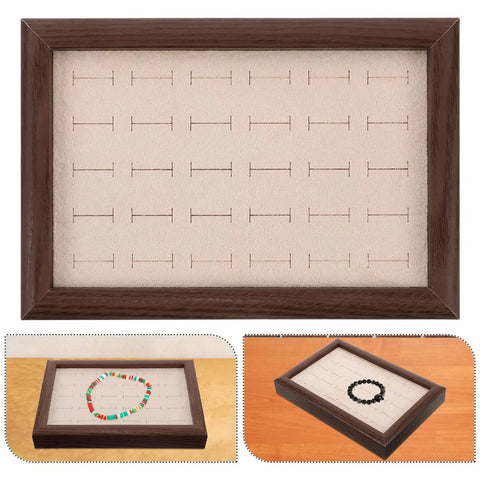 Solid Wood Earring Organizer And Ring Keeper Tray With Thirty Open Slots For Stashing Bracelets And Chains In A Rich Walnut Finish.