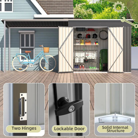2 In 1 Outdoor Storage Shed And Gazebo Combo With Lean To And Pergola, showing lockable door, two hinges, and solid internal structure