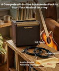 Loudbox Micro 40 Watt Acoustic Guitar Combo Amplifier Bundle With Gearlux XLR Cable Instrument Cable And Austin Bazaar Polishing Cloth displayed on a table.