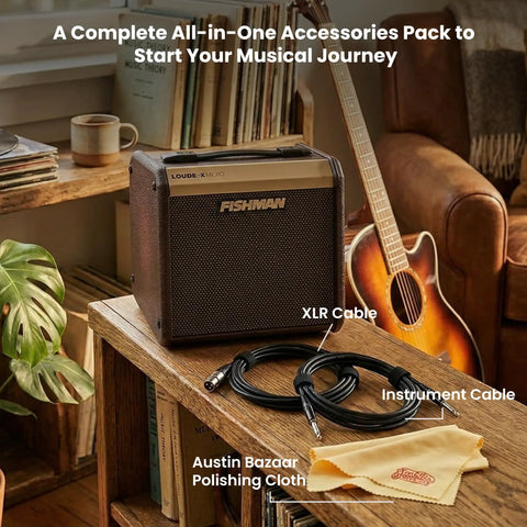 Loudbox Micro 40 Watt Acoustic Guitar Combo Amplifier Bundle With Gearlux XLR Cable Instrument Cable And Austin Bazaar Polishing Cloth displayed on a table.