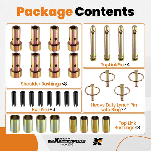 Heavy Duty Quick Hitch Adapter Bushing Kit For Category 1 Tractors With Top Link Pin And Lynch Pin, Galvanized Steel