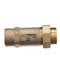 Brass Zurn Wilkins 700XL dual check valve with 1-inch female union inlet and outlet, side view