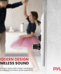 Side view of wireless Bluetooth in wall audio receiver with built-in 100W amplifier and USB microphone aux inputs installed