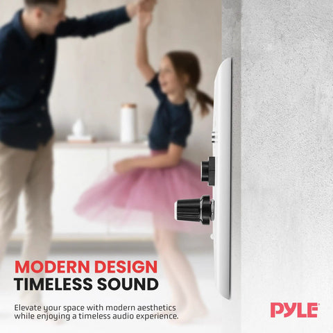 Side view of wireless Bluetooth in wall audio receiver with built-in 100W amplifier and USB microphone aux inputs installed