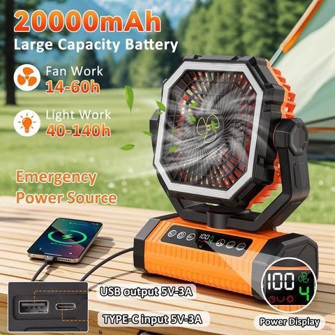Beast 20000mAh Rechargeable Camping Fan With Digital Battery Gauge, on a picnic table showing power display and USB ports