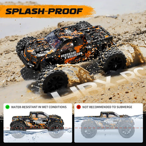 One Eighteen Scale RC Monster Truck 18859 Four By Four Off Road Waterproof Electric Car splashing through sand