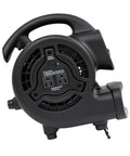 Mini Mighty Centrifugal Air Mover 138 Watt With 600 CFM for drying surfaces, black heavy-duty, side view showing power outlets.