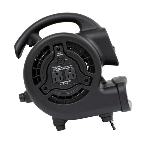 Mini Mighty Centrifugal Air Mover 138 Watt With 600 CFM for drying surfaces, black heavy-duty, side view showing power outlets.