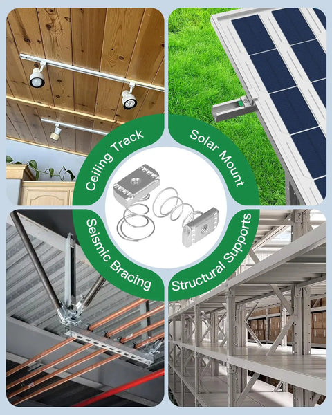 1/4 Inch Twenty Thread Flared Spring Channel Nuts Featuring Slick Anti Drop Slide Design And No Fuss One Hand Mounting For Strut Track Metal Framing 50 Piece Heavy Duty Galvanized Strut Hardware on ceiling track and solar mount images.