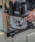 Beefy Dual-Mode Plunge Router 3-1/4 HP with 1/2 Inch Collet in use on a door edge, showing variable speed and precision centering system.