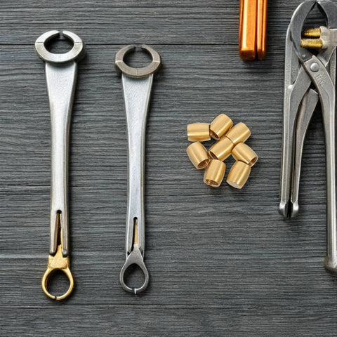 8pc Brass Furniture Legs For Wooden Trays And Boxes, cone shaped metal feet on dark wood surface with tools