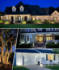 Houses and trees illuminated by 63 LED Solar Spotlight Lights Outdoor With 3000K Daylight Super Bright 3 Lighting Modes IP65.
