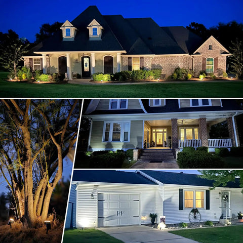 Houses and trees illuminated by 63 LED Solar Spotlight Lights Outdoor With 3000K Daylight Super Bright 3 Lighting Modes IP65.