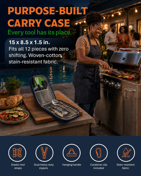 Woman grilling by pool with 12 Piece Camp Cooking Utensil Set in navy carry case, ideal for camping, hiking, and BBQs.
