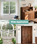 Collage of a window, wooden cabinet, outdoor fence, and double gate showcasing wide application of 304 Stainless Steel Slide Bolt Gate Latch.