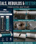 Epoxy Putty Stick 2 Pack For Metal And Wet Or Underwater Surfaces Repair Quick Cure Leak Seal Waterproof Filler packaging and usage examples on metal and PVC pipes before and after repair.