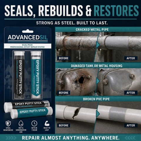 Epoxy Putty Stick 2 Pack For Metal And Wet Or Underwater Surfaces Repair Quick Cure Leak Seal Waterproof Filler packaging and usage examples on metal and PVC pipes before and after repair.