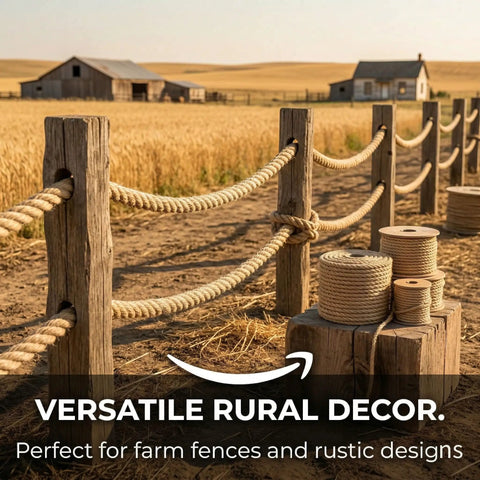 Heavy Duty Natural Hemp Rope Do It All 2 Inch Thick By 50 Feet 4 Strand Tight Twisted Jute Rope For Docks Nautical Railings Projects Tug Of War And Home Decor shown as farm fence decoration with rustic design.
