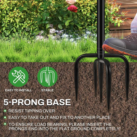 Close-up of 5-prong base of Vintage Bronze Metal Bird Bath And Feeder Bowl For Outdoors With Upgraded Five Prong Base And Taller Support Rod in garden.