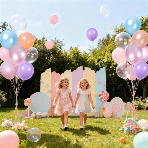 Girls playing at party with Pastel Mermaid Balloons Set With Pearl Rose Gold And Metallic Pink Purple Blue Latex Party Balloons