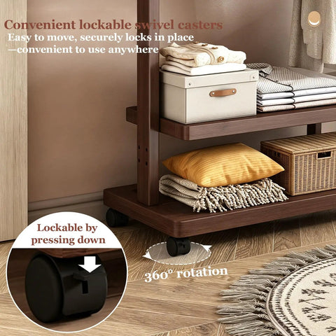 Heavy Duty Bamboo Rolling Clothing Rack With Wheels And Storage Shelves Hella Sturdy Garment Stand Featuring Five Durable Hooks For Versatile Decor