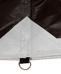 Corner detail of 12 Ft By 40 Ft Tough As Nails Heavy Duty Waterproof Tarp With D Rings 18 Mil Thick Reversible White Brown UV Protected