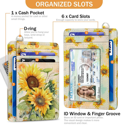 Sunflower RFID Card Holder Slim Wallet For Women Front Pocket Card Case With ID Window Dope PU Leather Organizer