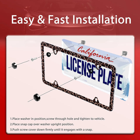 Installation guide for Brown Leopard License Plate Frame Made From Stainless Steel 12.3 By 6.3 Inches With Four Mounting Holes